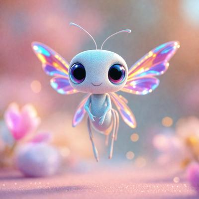 The primary subject of the image is a small, colorful butterfly with a pink body and blue wings. It is flying in front of a pink background, which adds to the overall atmosphere of the scene. The visual style of the image is a combination of photo and digital art, creating a unique and eye-catching appearance. The colors and mood of the image are predominantly pink and cheerful, making it a delightful and uplifting scene.